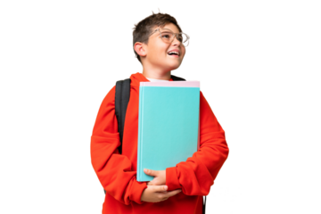 Little caucasian student kid over isolated chroma key background laughing