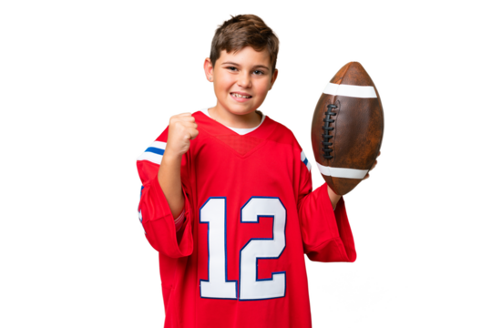 Little caucasian kid playing rugby over isolated chroma key background celebrating a victory - Powered by Adobe