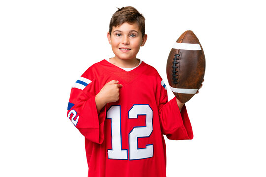 Little caucasian kid playing rugby over isolated chroma key background with surprise facial expression - Powered by Adobe