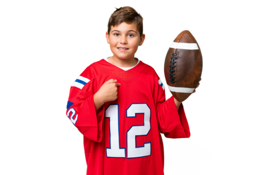 Little caucasian kid playing rugby over isolated chroma key background with surprise facial expression