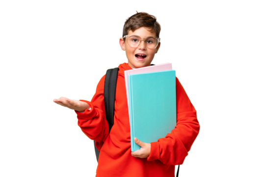 Little caucasian student kid over isolated chroma key background with shocked facial expression