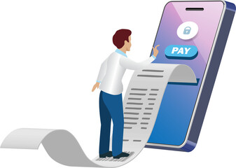 Businessman touch screen payment on smartphone with billing receipt. Financial technology.