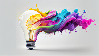 Creative idea concept with a lightbulb made out of paint on pure white background, created with AI 