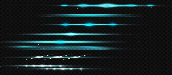 Glitter glare. Set of glowing isolated transparent light effects, blue glare, explosion, glitter, line, sun flare, spark and stars. Beautiful optical effect of sunlight reflection.