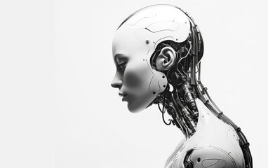 Side profile photograph of a beautiful female android AI robot. - obrazy, fototapety, plakaty
