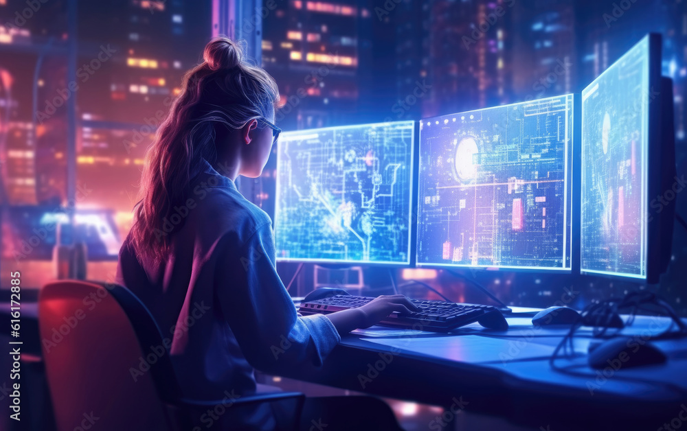 Wall mural a girl software developer sitting by computer screens and coding matrix.