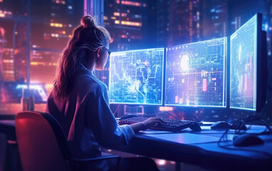 A girl software developer sitting by computer screens and coding matrix.