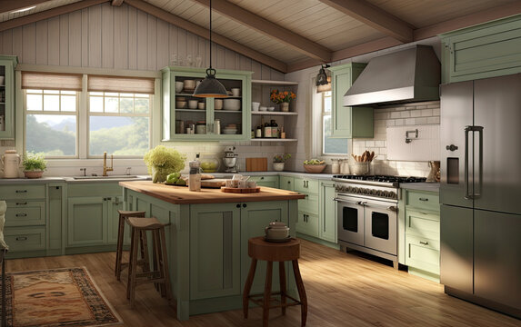 A high style ranch kitchen sage color scheme farmhouse.