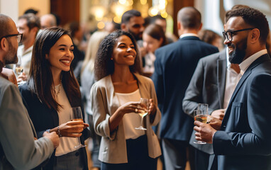 A candid moment from an office staff party where well-dressed professionals toast to success, fostering team camaraderie and bonding.