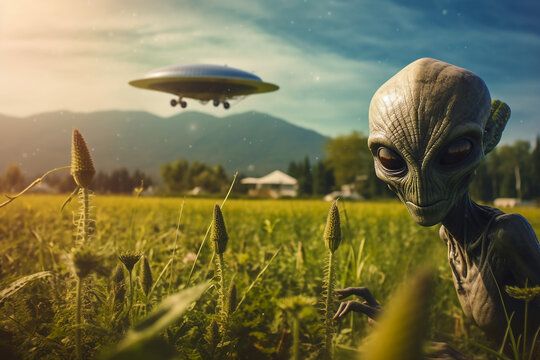 Alien in a Field.  Generative AI.
A digital rendering of an alien in a field in the countryside. 