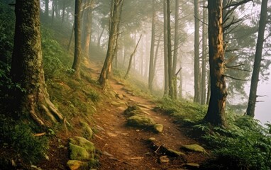 Fototapeta premium A mountain with a forest and thick fog.