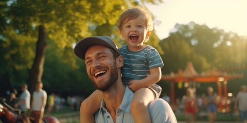 Father giving son ride on back in park. Portrait of happy father giving son piggyback ride on his shoulders. Cute boy with dad playing outdoor, generative ai