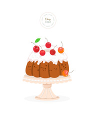 Festive cream cake topped with cherries on a stand. Cute vector illustration of homemade baking in flat style on white isolated background.  Side view.