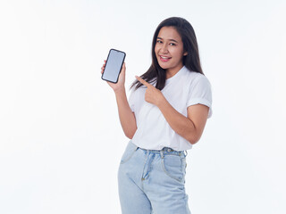 Woman showing smartphone on white background