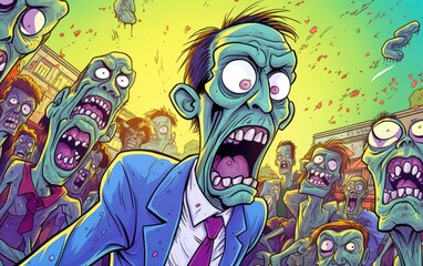 A panic stricken zombie in the colorful background.