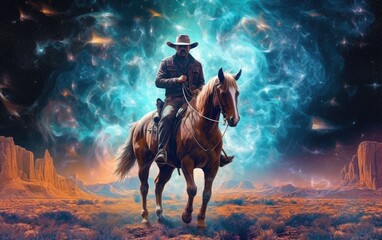  A cowboy is riding his horse.