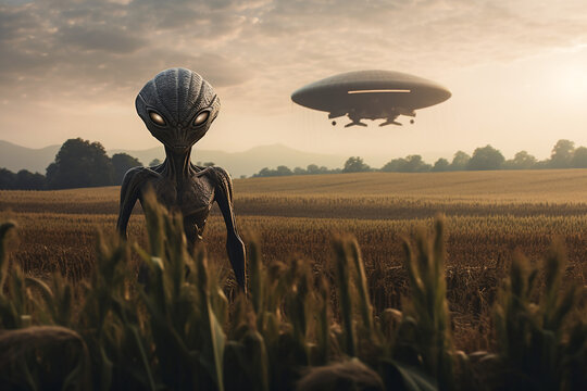 Alien in a Field.  Generative AI.
A digital rendering of an alien in a field in the countryside. 