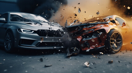 Car accident concept illustration with two cars crashing together - obrazy, fototapety, plakaty