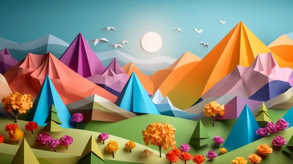 Door stickers Mountains Origami folded paper mountains landscape illustration