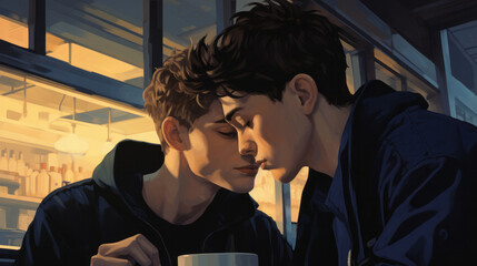 Illustration of a couple of gay men about to kiss in a coffee shop - obrazy, fototapety, plakaty