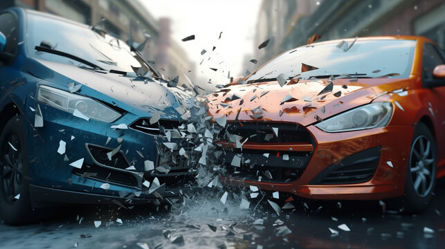 Car accident concept illustration with two cars crashing together