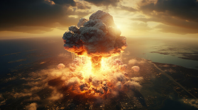 Aerial view of a nuclear explosion with mushroom cloud hyper realistic illustration