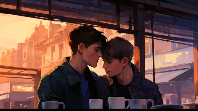 Illustration of a couple of gay men about to kiss in a coffee shop