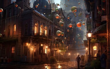 Fototapeta premium Concept art style colorful bubbles in the night city with the low light environment.