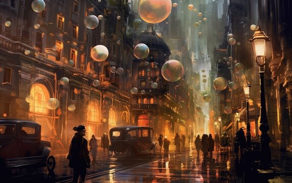 Concept art style colorful bubbles in the night city with the low light environment.