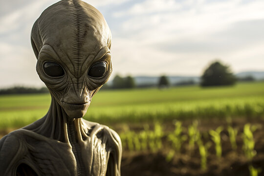 Alien in a Field.  Generative AI.
A digital rendering of an alien in a field in the countryside. 