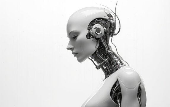 Side profile photograph of a beautiful female android AI robot.
