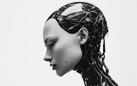 Side profile photograph of a beautiful female android AI robot.
