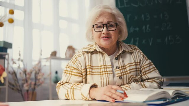 Smiling senior woman working as online private tutor, math teacher occupation
