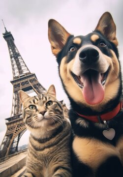A cat and dog selfie atop the Eiffel Tower in France. - image generated with Generative AI