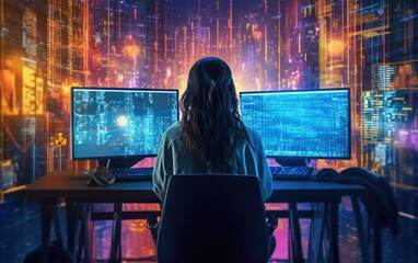 A girl software developer sitting by computer screens and coding matrix.