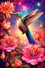 Obraz premium A tropical garden boasts a beautiful multicolored hummingbird. (Illustration, Generative AI)