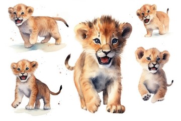 Obraz premium Playful baby lion cub, perfect for a nursery. Watercolor style set, white background.