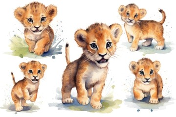Playful baby lion cub, perfect for a nursery. Watercolor style set, white background.
