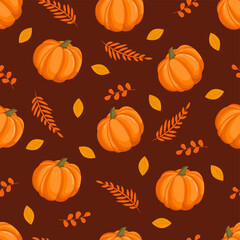 Seamless pattern with autumn pumpkins and yellow leaves. October harvest. Thanksgiving and Halloween. Vector illustration for fabrics, textures, wallpapers, posters, cards. Editable elements.