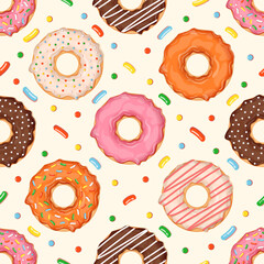 Seamless pattern with donuts of different flavors and toppings. Vector illustration for fabrics, textures, wallpapers, posters, cards. Editable elements.
