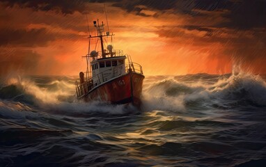 A rescue lifeboat on the big wave sea at the sunset sky.