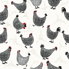 Seamless pattern of hand drawn cute cartoon chicken - 616175255