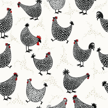 Seamless pattern of hand drawn cute cartoon chicken