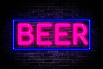 BEER neon banner on brick wall background.