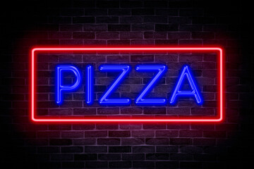 Obraz premium Pizza neon banner on brick wall background.
