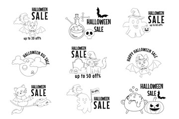 Set of different outline discounts halloween sale sticker, badge.