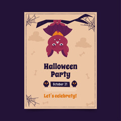 Flyer invitation to a Halloween party. Background with a bat on a branch
