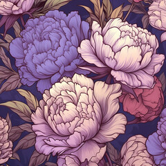 Vintage Floral Peonies and Buds with Black Outline - Luxury Flower Wallpaper or Background in Pastel Tones with Purples, Pinks, and Greens - Muted Aesthetic - Generative AI