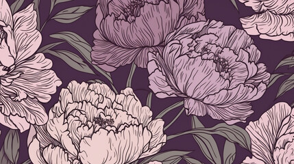 Vintage Floral Peonies and Buds with Black Outline - Luxury Flower Wallpaper or Background in Pastel Tones with Purples, Pinks, and Greens - Muted Aesthetic - Generative AI
