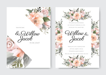 Set of elegant watercolor flower peach wedding invitation design template